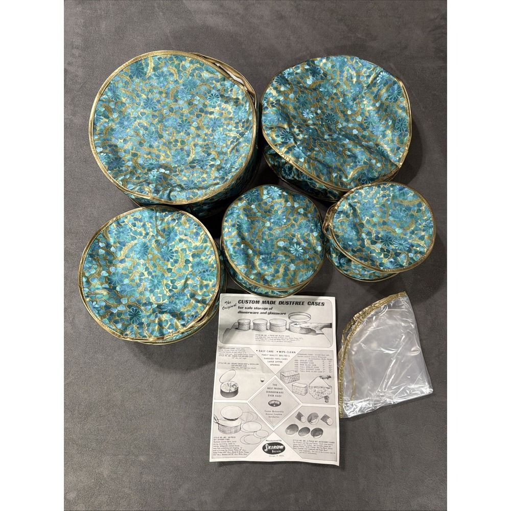 Vintage Curvfit Dinnerware Green Teal Flowers Vines Overlay Storage Zip Up Bags